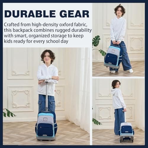 BAMIFEI 18 Inch Blue Rolling Backpack for Kids Climb Stairs Backpacks Kids Backpack Carry On Wheeled School Backpack, Spacious Multiple Compartments Reflective Strip Travel Backpack - Thumbnail 6