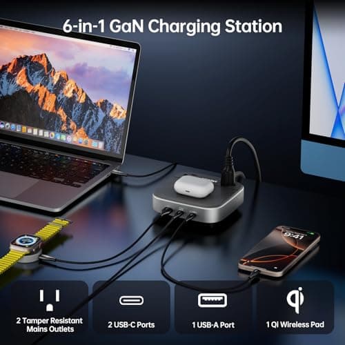 Teleadapt GaN Multi Charging Station 67W, 6 in 1 iPhone Charging Station with USB Ports, 2AC Outlets, 1 USB A & 2 USB C Ports, Desktop Phone Charger for iPhone14/13/12/11/X/Samsung/Android, Grey - Thumbnail 2