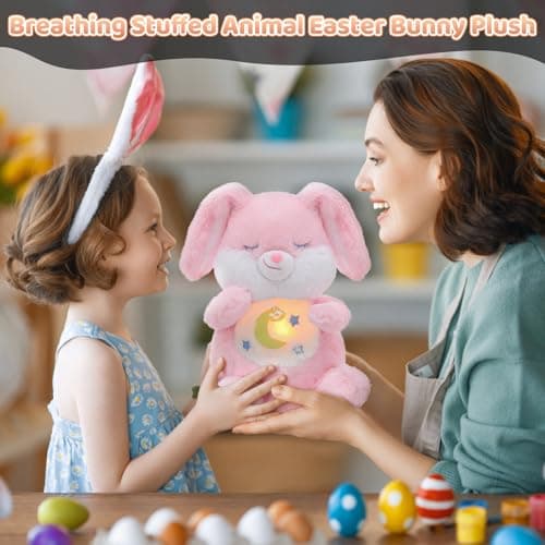 FATIRO Breathing Stuffed Animal Bunny Plush, Soothe Snuggle Easter Bunny Plush with Soft Light & Music, Interactive Realistic Breathing Motion & Gentle Snoring Breathing for Anxiety Adults and Kids - Thumbnail 2