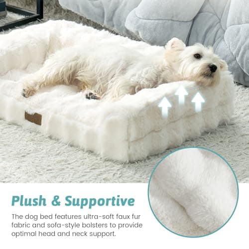 COZY KISS Faux Rabbit Fur Orthopedic Dog Bed, Dog Bed for Medium Size, Supportive Foam Pet Sofa with Waterproof Lining Cover, Washable U-Shaped Pet Couch with Anti-Slip Bottom, Beige M 30x20x6.5 inch - Thumbnail 4