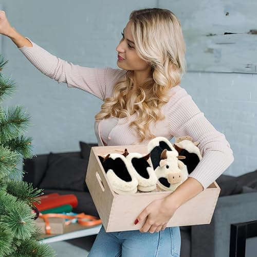 PUWAN Cute Cow Fuzzy Slippers for Women Men, Cotton Animals House Slippers Fluffy Plush Indoor Shoes for Living Room Bedroom, Size 9.5-10 - Thumbnail 6