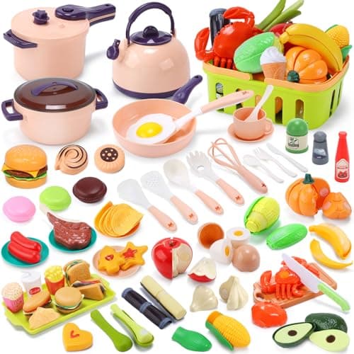 CUTE STONE 70+ PCS Kids Play Kitchen Accessories, Pretend Cooking Toys with Peelable & Cuttable Play Food, Cookware, Tableware & Utensils, Shopping Basket, Tray, Educational Gift for Girls & Boys - Image 1