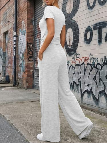 Trendy Queen Womens 2 Piece Sets Lounge Matching Set Cruise Casual Vacation Outfits Summer Airport Workout Gym Clothes Spring Fashion 2026 Teen Girl Wide Leg Pants Athletic Travel Tops Oatmeal Grey L - Thumbnail 4