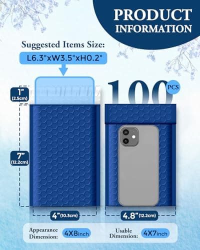 GSSUSA Bubble Mailers 4x8 100 Pack,Blue Padded Envelopes Selfseal,Usable Size 4x7 Small Bubble Envelopes Shipping Bags for Shipping Supplies,Card,Jewelry Packaging,Small Business Packaging Supplies - Thumbnail 3