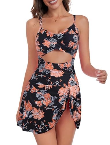 ZAFUL Women Floral One Piece Swimsuit with Skirt Tummy Control Bathing Suit Slimming Swim Dress Modest Swimwear Push Up Cut Out V Neck Swimdresses 2025 Trendy Cute Tie Knot Monokini Orange Floral S - Image 1