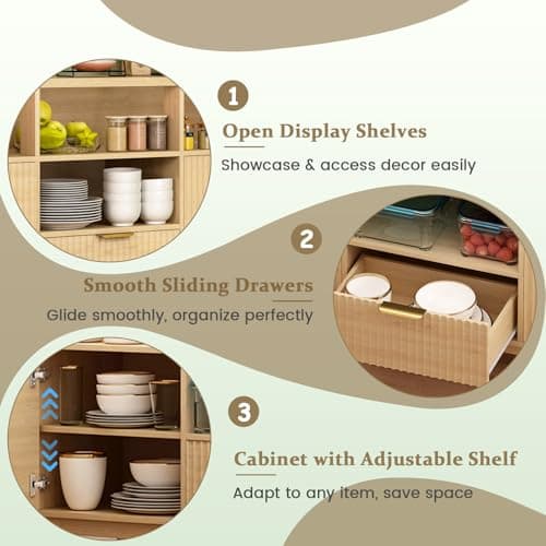 GlouMod 58" Coffee Bar Cabinet with Storage and Drawers, Large Sideboard Buffet Cabinet with Charging Station, Adjustable Lighting, 2 Doors and Open Shelves, Fluted Panel, Natural Oak - Thumbnail 6