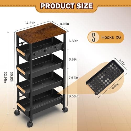 SUNALLY Slim Storage Cart with Pull-Out Baskets, 5-Tier Rolling Kitchen Cart with Wooden Top & Lockable Wheels, Narrow Space Utility Cart Organizer for Kitchen, Bathroom, Laundry Room, Black - Thumbnail 3