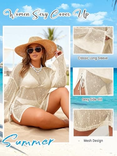 MK Shop Limited Plus Size Swimsuit Coverup for Women Sexy Crochet Bathing Suit Cover Up Mesh Sheer Summer Curvy Kaftan Beach Dress 2026 Beige 4XL - Thumbnail 6