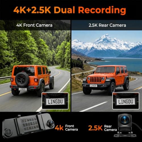 LINGDU 12" Mirror Dash Cam, 4K UHD Front and 2.5K Rear View Dash Camera for Car, with ADAS BSD LCA Smart Mode, GPS, G-Sensor, Loop Recording, Parking Monitor, Voice Control, 5.8GHz WiFi - Thumbnail 3