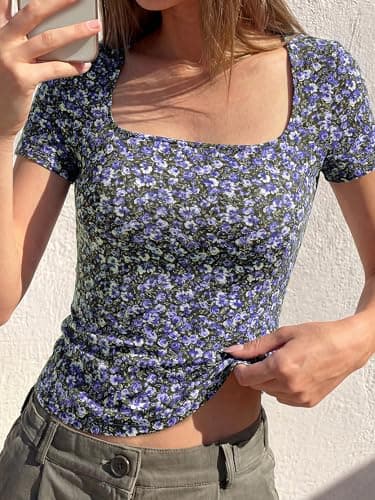 BTFBM Floral Square Neck Tops for Women 2026 Trendy Summer Outfits Short Sleeve Shirts Boho Top Beach Vacation Clothes(Black Purple Flower, Small) - Thumbnail 4