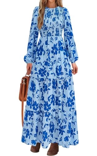 PRETTYGARDEN Womens Dresses 2026 Puff Sleeve Floral Casual Spring Dresses Smocked Backless Beach Flowy Tiered Maxi Dress (Light Blue Blue Flower, Large) - Image 1