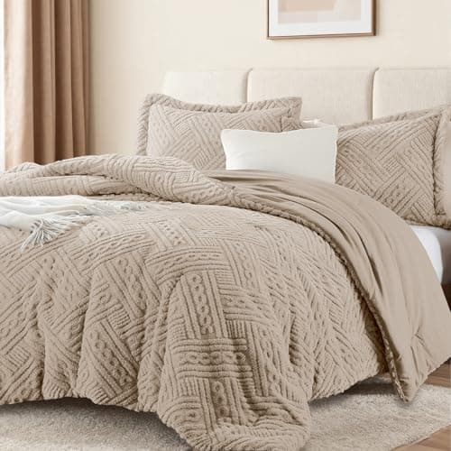 Homelike Moment Fluffy King Size Comforter Set - Beige Fleece Warm Marshmallow Comforter for Winter, Luxury Fuzzy Sherpa King Bed Set 3 Piece