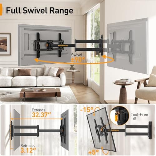 Perlegear Corner TV Wall Mount Long Arm TV Mount Bracket for 37-75 Inch TVs-Full Motion Wall Mount with 32.37” Extension & Swivel Articulating Arm & Tilt, MAX VESA 600x400mm, Holds up to 100 lbs - Thumbnail 4