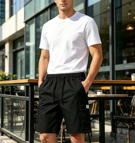Msmsse Mens Elastic Waist Shorts Cotton Casual Relaxed Fit Multi-Pocket Outdoor Cargo Shorts for Men Black US 32 - Thumbnail 5