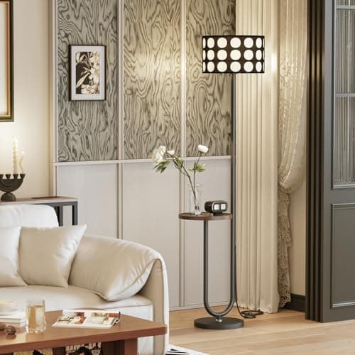 Floresita 62.9" Floor Lamp with Table Brown, Black Lampshade Vintage Standing Lamp with Tray Foot Switch, 3 Color Temperatures LED Bulb Included, for Living Room, Bedroom - Image 1