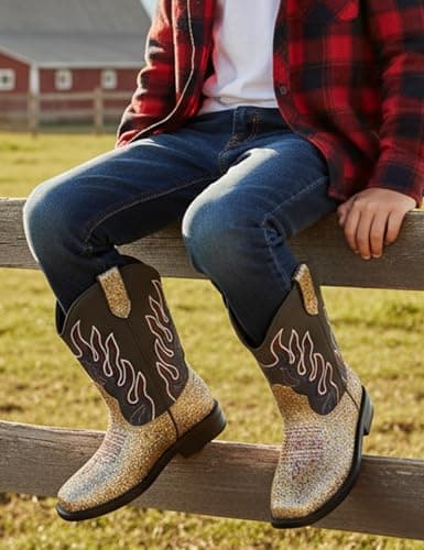 PATPAT Toddler Size 7 Gold Boys Cowboy Boots,Square Toe Mid Calf Embroidered Cowboy Boots Western Riding Shoes - Thumbnail 3
