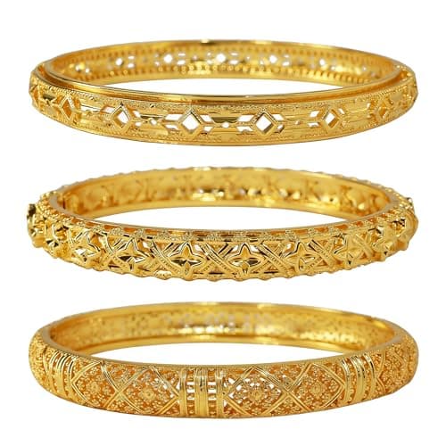 FIVESWEET 18K Gold Plated Women's Bangle Bracelet Set - Stackable Bulk Bracelets with Hollow Diamond, 3D Starburst and Glittering Lattice Designs, Minimalist Stylish Elegant, Tarnish & Oxidation Resistant, Gift for Her Girlfriend Wife Mom Sister Lover on Birthday Christmas Valentine's Day Mother's Day (002, 3) - Image 1