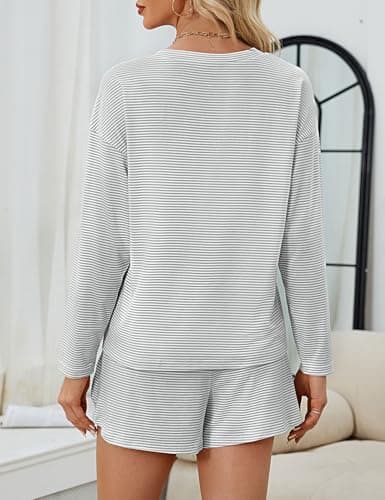 JUSTFASHIONNOW Pajamas for Women Set Shorts Striped Lounge Set 2 Piece Outfits Comfy Long Sleeve Loungewear Matching Sleepwear Long Sleeve Top and Shorts Fall Winter (Light Grey, X-Large) - Thumbnail 5