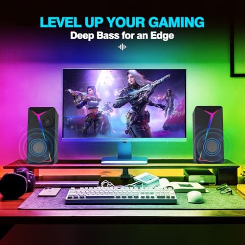 AYJBKL Computer Speakers for Desktop PC, USB-Powered Gaming Speakers for Laptop – Multi Colorful LED Backlight Modes, Stereo Sound for Gamers Music Movies, Indoor & Outdoor Use, 3.5mm AUX Cable - Thumbnail 2