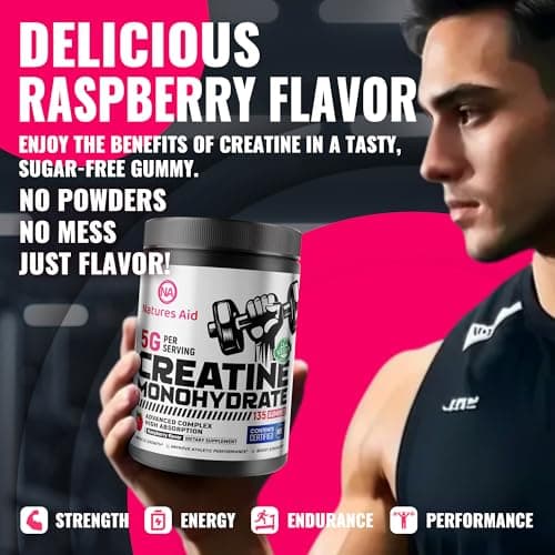 Natures Aid NSF Certified Creatine Gummy 5g - Creatine Monohydrate Gummies – Pre-Workout Energy & Muscle Growth Support for Men & Women | Raspberry Electrolyte Gummies (135 Count) - Thumbnail 6