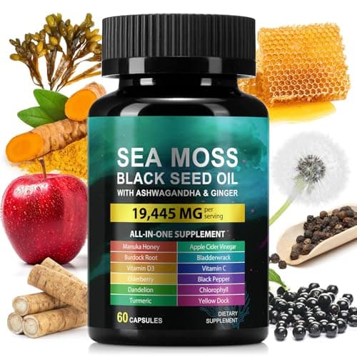 Sea Moss Black Seed Oil Ashwagandha Turmeric Bladderwrack Burdock Root Capsule with Chlorophyll,Elderberry,Manuka,Dandelion,Ginger,Vitamin C Vitamin D3,Immunity & Energy Support, 60 Counts - Image 1