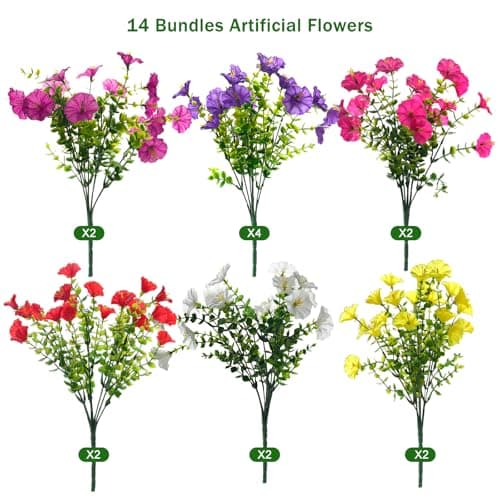 Fanfantoey Artificial Flowers for Outdoor, UV Resistant Fake Plants Outside Decoration, 14 Pcs Realistic Silk Morning Glory Faux Flowers for Porch Patio Gardens Home Decor(14, 6 Mixed) - Thumbnail 2