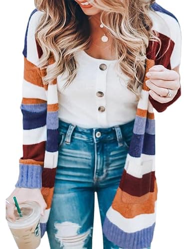ECOWISH Women Cardigan Sweaters Long Floral Striped Winter Long Sleeve Kimono Open Front Cozy Knitted Daisy Fuzzy Outwear Pocket - Image 1