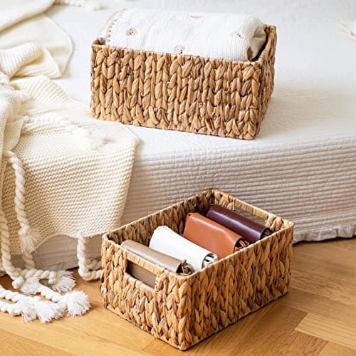 FairyHaus Wicker Baskets 15x11x7 & 13.4x9.5x6.5, 2 Pack Handmade Big Wicker Storage Basket with Handles, Natural Water Hyacinth Wicker Baskets for Storage Shelves Organizing, Rectangle Wicker Basket - Thumbnail 2