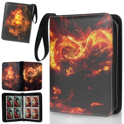 Trading Card Binder 4 Pocket, Fits 400 Cards with 50 Removable Sleeves, Portable TCG Album Folder for Standard Size Game Cards, Sports Card Holder Book for Collectors, Inferno Draco