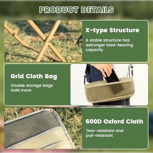 MGUOXA Portable Folding Stool 2-in-1 Camping Chair with Sling Bag Lightweight 12inch /264lbs Load Collapsible Stool Seat for Adults Camping Fishing Hiking BBQ Travel Rest（Yellow） - Thumbnail 5