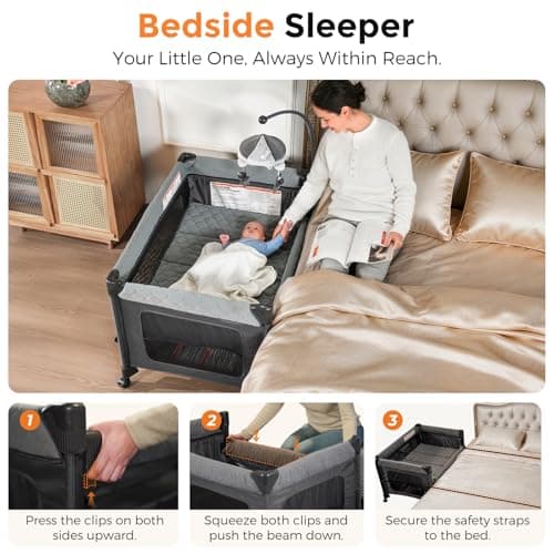 Pamo Babe Pack and Play with Bassinet - 7 in 1 One-Step Setup Bedside Crib, Portable Playpen, Travel Crib, Baby Playard with Diaper Changing Station, Toy Bar & Large Storage Bag - Thumbnail 5