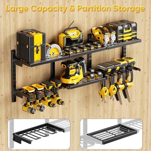 POKIPO Large Modular Power Tool Organizer Wall Mount With 6 Adjustable Shelf, Heavy Duty Iron Tool Storage Rack Loads 300lbs with 8 Cordless Tools Drill Holder,Battery Utility Rack for Garage Workshop - Thumbnail 6