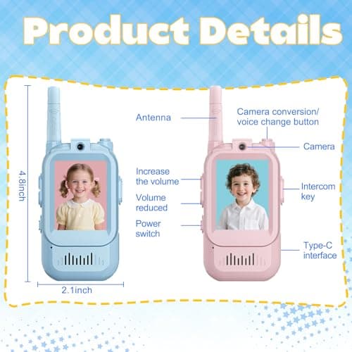 Video Walkie Talkies Gift Toys for Age 3-12 Boys Girls，Kids Walkie Talkie with Screen，Voice Changer and 1000 Feet Long Range 2 Pack Rechargeable Walkie-Talkie for Indoor Play, Camping, Hiking, Game - Thumbnail 5