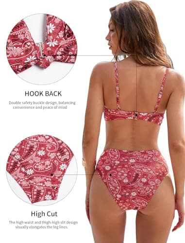 ZAFUL Red Floral Women Two Piece Swimsuit Knot Twist Bikini Set High Waisted Swimsuit Bathing Suit 2026 Teen Bikini Swim Suit XL - Thumbnail 5