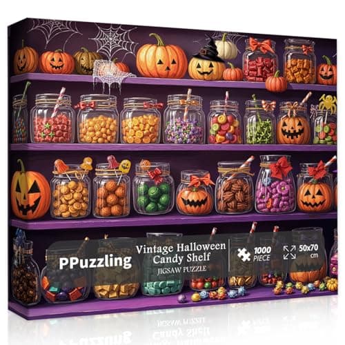 Halloween Candy Shelf Puzzles for Adults 1000 Pieces, Challenging Colorful Candy Jars Jigsaw Puzzle with Pumpkins, Spider Webs, Witch Hats, Fun Spooky Holiday Jigsaw Puzzle as Halloween Wall Decor - Image 1