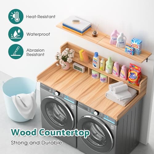 Kikihouse Washer Dryer Countertop, Laundry Counter Top Over Machines, Washer Dryer Topper for Storage, 2 Tier Wood Shelf Topper with Storage Space for Small Apartment (Wood, 53.9 * 27.5 * 12) - Thumbnail 2