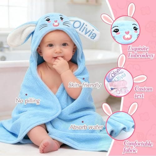 Individz Custom Hooded Bath Towel with Name, Personalized Absorbent Bunny Baby Towels, Soft Shower Towels for Girls Boys, Easter Christmas Brithday Gifts for Baby, Toddler, Newborn, Kids (Blue) - Thumbnail 3