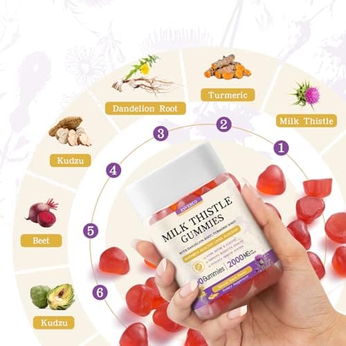 Milk Thistle Gummies with 2000MG Extract, Liver Health Support Gummies, Silymarin Milk Thistle Supplement with Artichoke, Dandelion, Turmeric Curcumin, No Sugar, for Adults, Vegan, 90 Count - Thumbnail 2