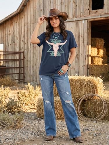 Western Shirts for Women Vintage Cow Skull Graphic Tshirts Casual Cowgirl Short Sleeve Tee Top - Thumbnail 2