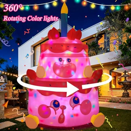 GIFTFIND 6FT Strawberry Birthday Cake Inflatable with Rotating LED Lights, IP65 Waterproof Fabric Yard Decoration for Girls Kids Party, Includes UL Blower Stakes & Ropes - Thumbnail 5