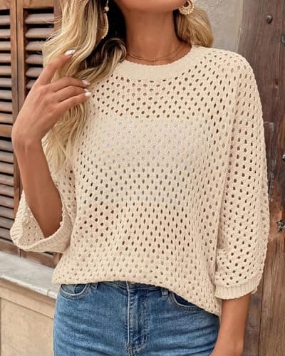 KIRUNDO Crochet Tops for Women Summer Batwing Sleeve Beach Sweater Lightweight Knit Cover Up Shirts Cruise Vacation Outfits(Beige, XX-Large) - Thumbnail 2