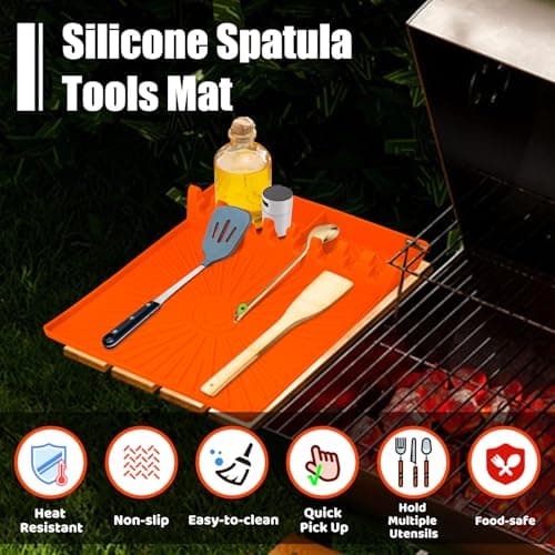 Silicone Grill Mat, Large Size Silicone Side Shelf Griddle Tools Spatula Mat with Drip Pad for Outdoor Grill Kitchen Countertop, Reusable Black-stone Griddle Accessories, Orange - Thumbnail 2