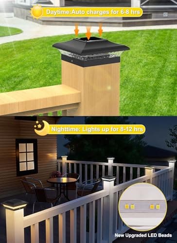 T-SUN Solar Post Cap Lights 6 Pack for 4x4 Vinyl Wooden Posts, Waterproof Outdoor Warm & Cool White(3000K/6000K) Solar Powered for Deck Garden Patio Lighting - Thumbnail 5