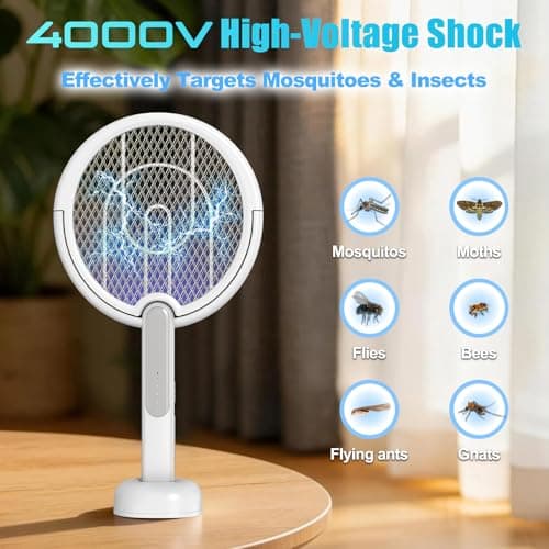 Rotating Head Electric Fly Swatter Racket, Bug Zapper Indoor with Long Telescopic Extension 4000V USB Rechargeable Mosquito Zapper Killer with Charging Base, 3 Modes Automatic & Manual - Thumbnail 5