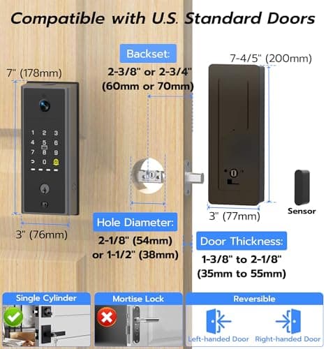Anweller MD2 Smart Deadbolt Lock with Camera, Fingerprint Keyless Entry Door Lock for Front Door, Built-in WiFi, 10000mAh Battery, Door Sensor, Code Keypad, RFID Card, App Remote Control - Thumbnail 6