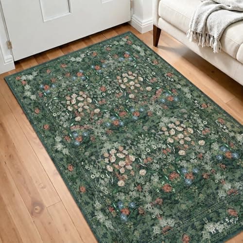 Green Boho Floral 3x5 Rugs for Large Entryway, Farmhouse Botanical Washable Area Rug for Dorm, Bedroom Bedside, Foyer, Kitchen, Laundry - Cottagecore Distressed Carpet, Low Pile Non Slip Mat - Thumbnail 2