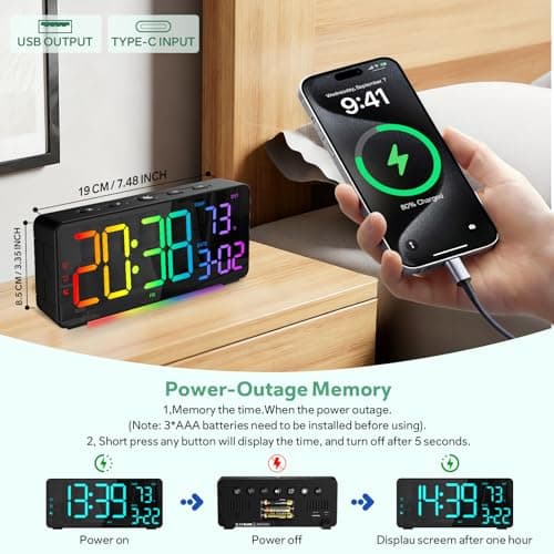 EVILTO Digital Alarm Clocks for Bedrooms, RGB Desk Clock with 15 Color Display, Date Temperature and Weekday, DST, Snooze, 2 Alarms, Ambient Lighting for Living Room, Bedside Office Gaming Desk Decor - Thumbnail 4