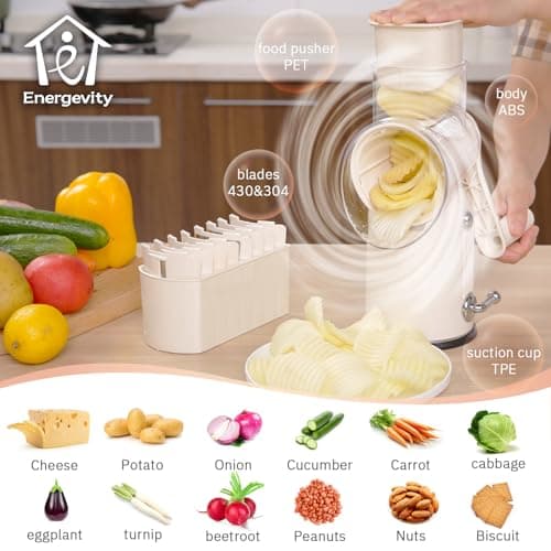 ENERGEVITY Manual Rotary Cheese Grater with Handle, 5 in 1 Replaceable Stainless Blades Cheese Shredder,Strong Suction Base Vegetable Slicer with Cleaning Brush & Bonus Storage Box for Blades (white) - Thumbnail 4