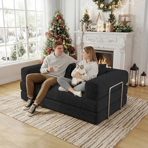 59 Inch Convertible Sofa Bed, 4-in-1 Futon Sofa Bed Pull Out Sleeper Couch, Boneless Couches Bed for Living Room, Corduroy Boneless Couches for Bedroom, Apartment, No Assembly(Black, 59” 2 Seat) - Thumbnail 4