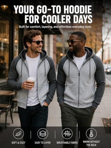 Men's Long Sleeve Hoodie Lightweight Warm Plaid Jacquard Sweatshirt Zip Up Casual Waffle Knit Jackets with Pocket - Thumbnail 6
